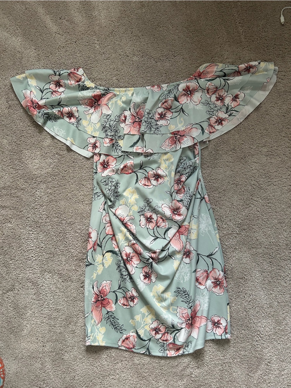 Off-Shoulder Floral Strapless Dress in Mint with Pink Blossoms